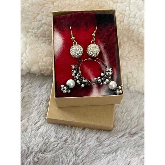 Black/White Beaded Hoop / White Rhinestone Round Dangle Earrings - 2 Pairs - Picture 12 of 12